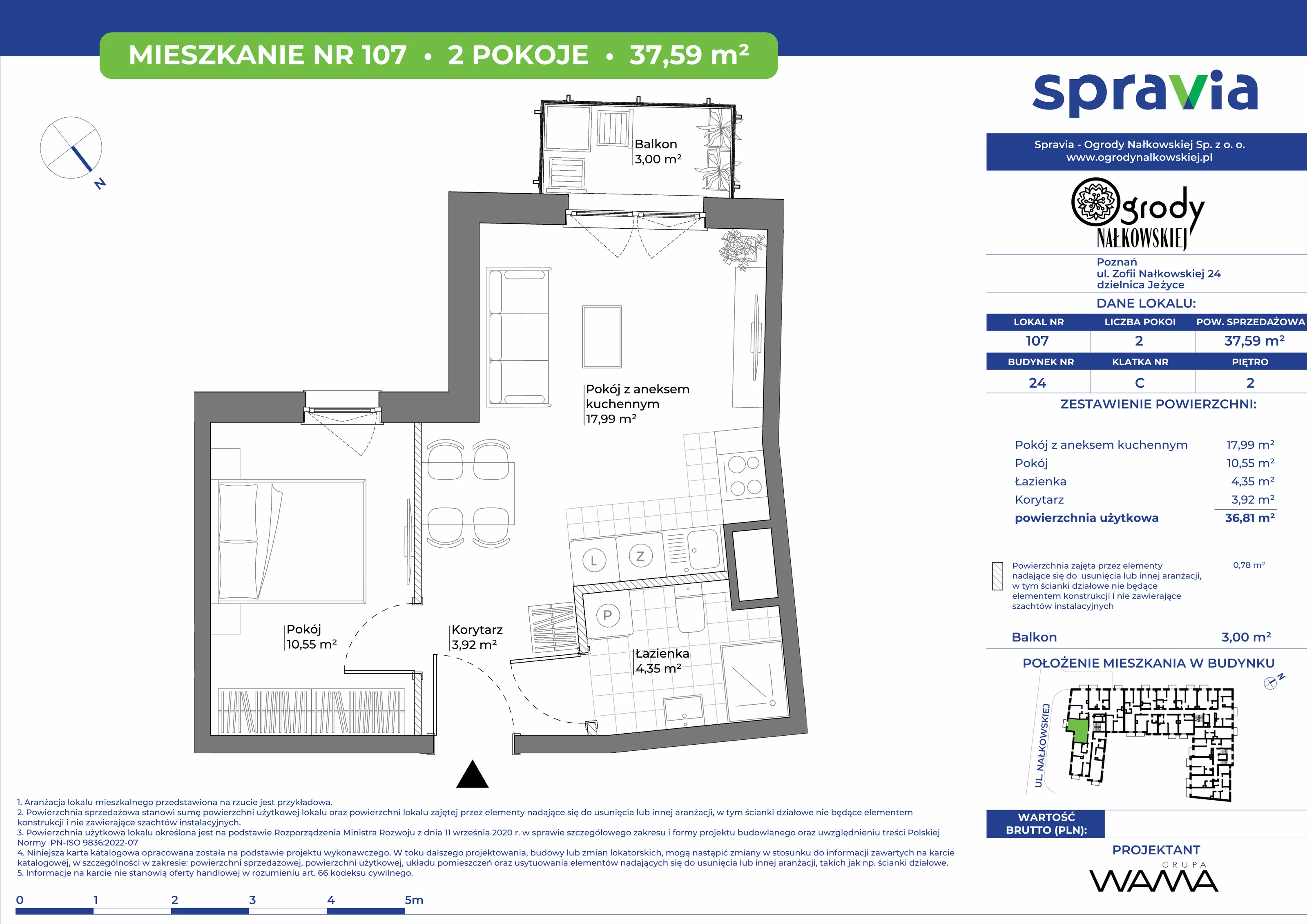 2 pokoje, mieszkanie 37,59 m², piętro 2, oferta nr 24-107, Ogrody Nałkowskiej, Poznań, Ogrody, ul. Nałkowskiej 24, 26